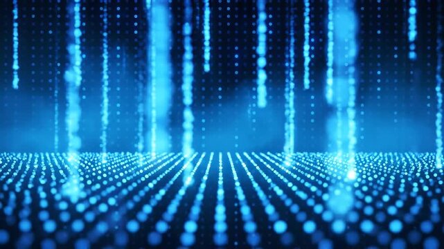 Abstract blue digital rain effect with glowing particles and grid pattern