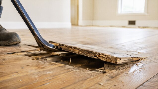 Old hardwood plank lifted with a pry bar, concept of floor demolition, repair work and preparation for home renovation.
