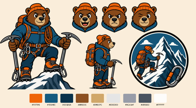 Cartoon Bear Climbing Mountain with Gear and Backpack.