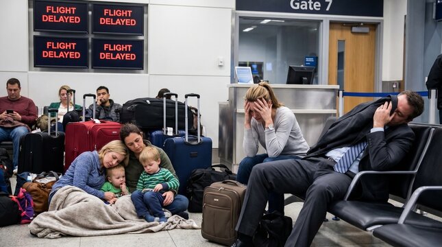 Exhausted travelers waiting at airport gate with flight delayed signs in background.