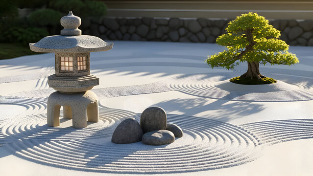 Serene japanese zen garden with stone lantern tree and raked sand patterns