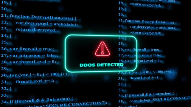 Ddos attack detected alert on digital code background, cyber security threat warning, network intrusion and server protection concept
