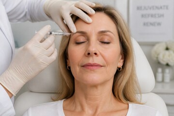 Naklejka premium Middle aged woman receiving facial injection in clinic