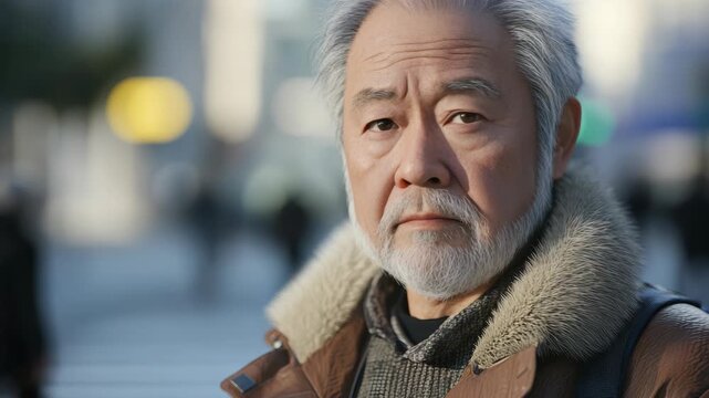A man with a beard and mustache, wearing a jacket and staring straight ahead on a city street at dusk.