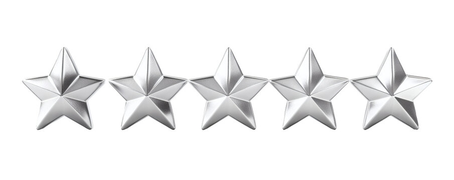 Row of five highly detailed three dimensional silver metallic rating stars perfectly aligned horizontally for customer feedback evaluation&nbsp;
