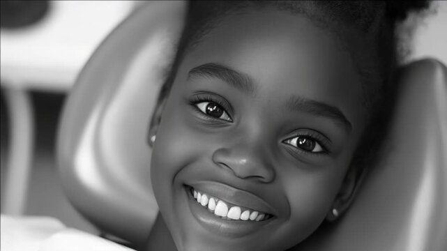The captures a young child with a radiant smile, sitting in a dental chair during a visit to the dentist. The child appears comfortable and happy despite being in a medical setting.