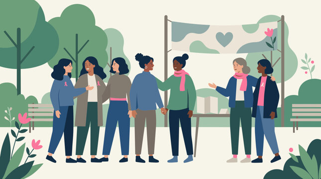 Diverse group of women gathered in a park at a community event or market stall