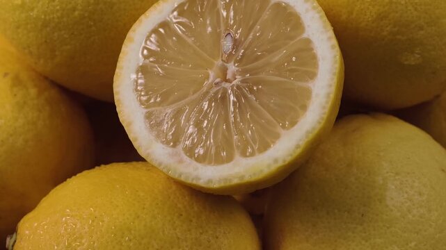 Close-up display of halved fresh yellow lemons