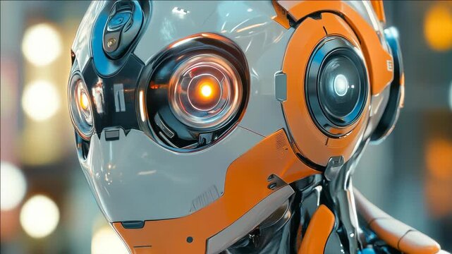 A detailed of a robotic character with orange and white accents set against a vibrant cityscape background.