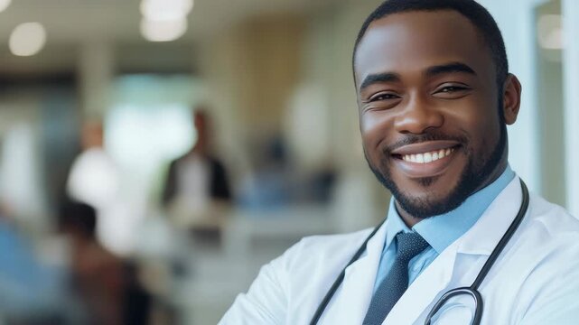 A cheerful man in a medical coat and tie, ready for work with a smile on his face.