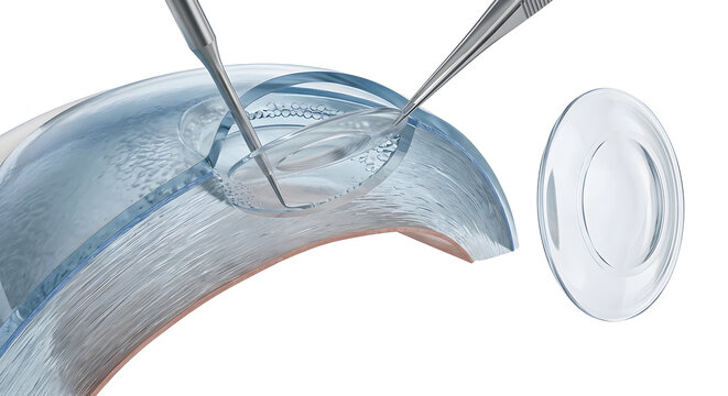 Detailed 3D Render of SMILE Lenticule Pocket Extraction in Femtosecond Laser Eye Surgery, Suitable for Science Education, Isolated on White Background