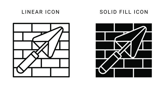 Professional vector illustration of a bricklayer trowel icon set featuring linear and solid fill styles