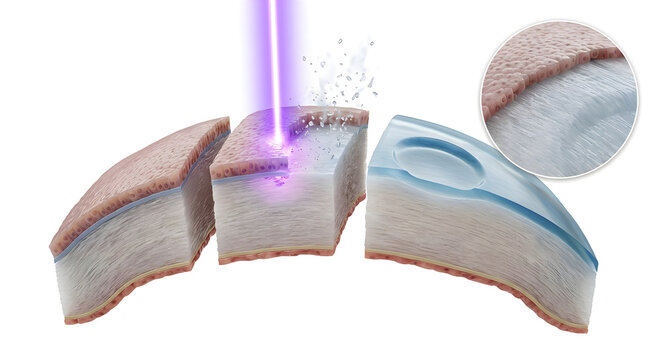 3D Render of TransPRK Touchless Laser Eye Surgery and Corneal Ablation, Suitable for Science Education, Isolated on White Background
