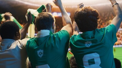 Soccer supporters lift scarves during goal celebration in football stadium, football fans sing and raise hands to show passionate team support in sports arena stands for football match day themes. © DC Studio