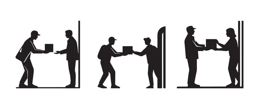 Silhouettes of delivery men handing over packages to recipients at doorways with delivery, recipient