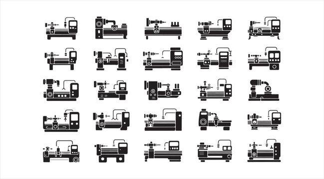 Industrial Lathe Machine Icons Set Featuring CNC Equipment, Metalworking Tools and Manufacturing Machinery