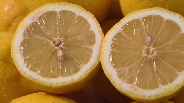 Close-up display of halved fresh yellow lemons
