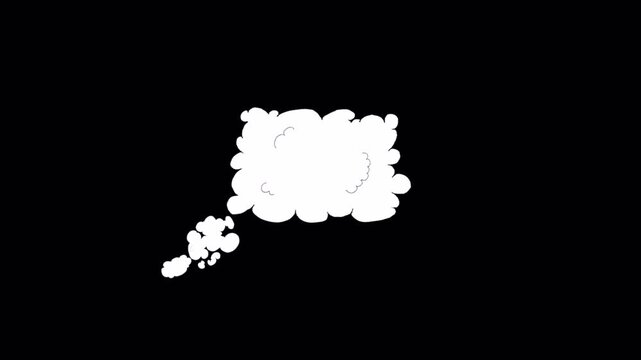 Animated white comic book thought bubble appearing on black background.