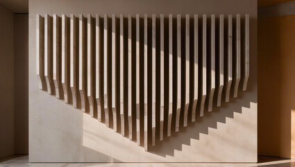 Fototapeta premium Modern Abstract Wall Art with Geometric Wooden Slats and Sunlight Shadows