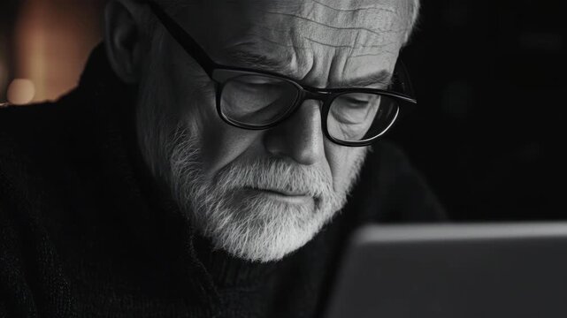 A man with a beard and glasses looking deeply concerned while staring intently into his laptop screen.