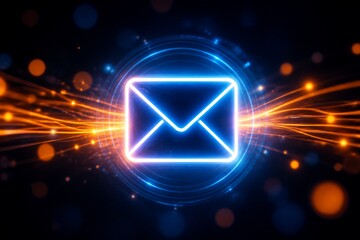 Naklejka premium Neon envelope icon emitting light streams in digital abstract background