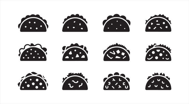 Mexican Taco Icons Set Featuring Filled Tortilla Snacks, Street Food and Fast Food Symbols