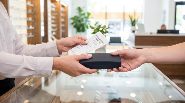 Optician assistant handing a printed receipt and a blue glasses case to a customer across a counter