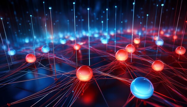 abstract blue and red glowing network of connected spheres this image represents the interconnectedness of the world and the power of technology