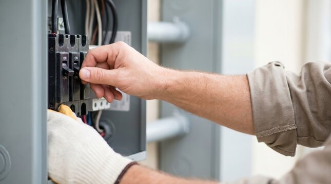 Electrician wearing protective gloves switching off a breaker switch inside a grey electrical panel
