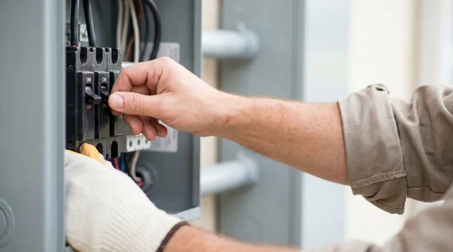 Electrician wearing protective gloves switching off a breaker switch inside a grey electrical panel