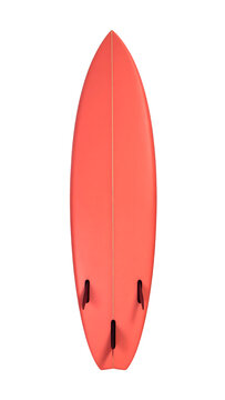 A vibrant coral colored short surfboard viewed from the bottom highlighting the three fins and the central stringer detail&nbsp;