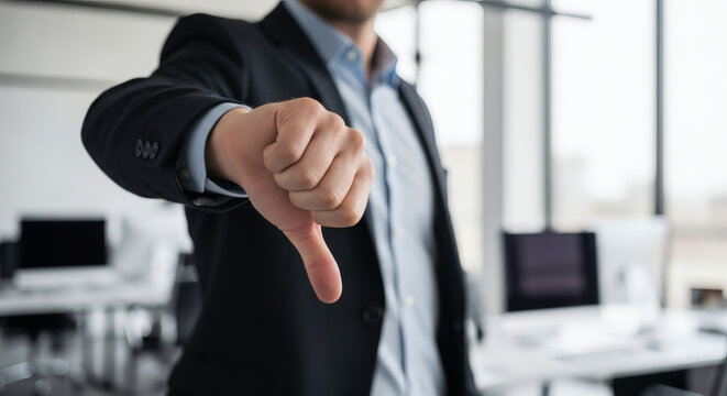 Businessman showing thumb down gesture indicating rejection or dissatisfaction while standing in a bright modern corporate office workspace environment