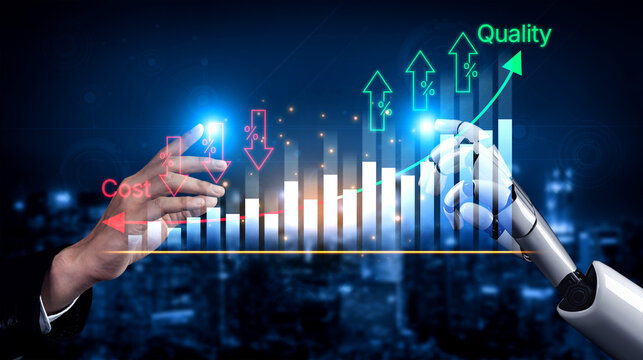 Hands of a Human and a Robot Interacting with Financial Growth Charts Representing Cost and Quality. Bitwise.