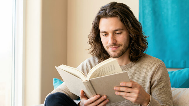 Young man with long hair reading a book at home. Smiling male reader enjoying a novel indoors. Leisure and relaxation concept