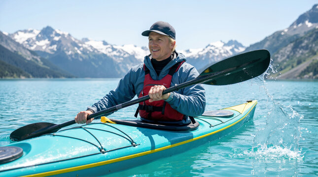 Smiling man kayaking on a turquoise mountain lake. Active male paddler in a red life vest with snow capped mountains in the background