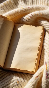 open book pages resting on a soft wool blanket, warm gentle lighting, detailed paper texture and cozy knit fabric, inviting and peaceful reading mood