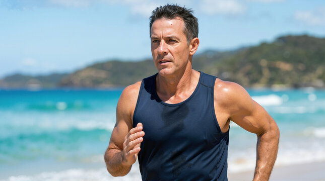 Middle aged man jogging on a sandy beach. Active male runner exercising near the ocean on a sunny day. Fitness and healthy lifestyle concept