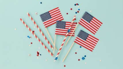 Fototapeta premium American flags with striped drinking straws and colorful confetti scattered on a light blue background for patriotic holiday celebration