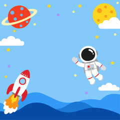 Obraz premium Cute Astronaut Background with Rocket, Planets and Cosmic Landscape