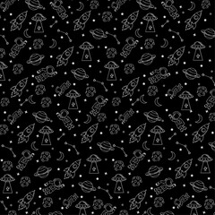 Dark Space Background with Rockets, Planets and Cosmic Doodle Elements © AnaPaula