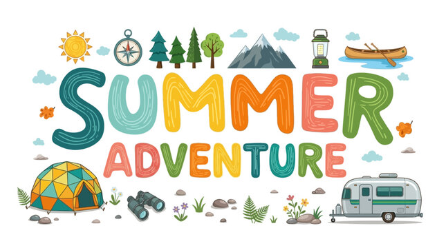 Summer adventure illustration depicts outdoor camping and travel