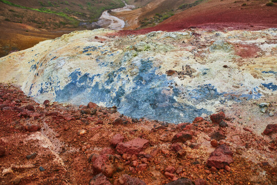 Colorful soil due to active fumaroles in Krysuvik-Seltun Geothermal Hot Springs area in Iceland.