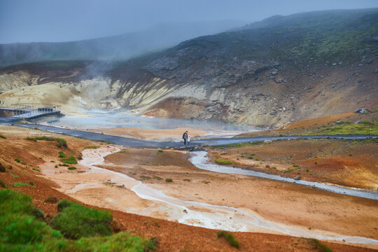 Colorful soil due to active fumaroles in Krysuvik-Seltun Geothermal Hot Springs area in Iceland.