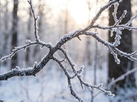 Frozen branch in winter forest on halloween morning with frosty trees