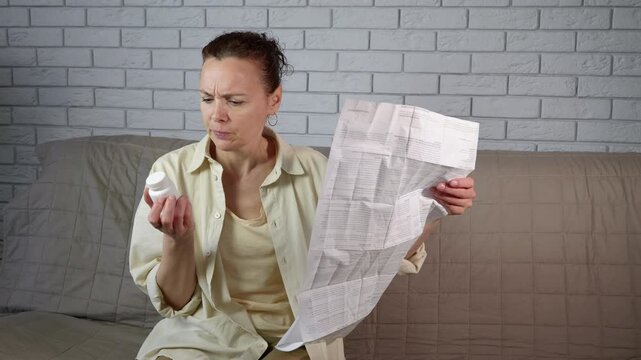 Confused woman reading medicine instruction leaflet. Confused mature woman sitting on a sofa and carefully reading the long, complex instructions for a bottle of pills, showing concern