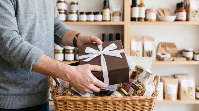 Person placing a closed brown gift box with a white ribbon into a large woven hamper basket