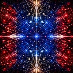 Fototapeta premium Symmetrical Red White and Blue Fireworks Star Burst Pattern on Dark Night Sky – Abstract Fourth of July Independence Day Patriotic Background