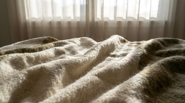 Close-up of a soft white textured blanket draped over a bed in sunlit room. Cozy interior decor concept with natural morning light through curtains. High-key bedroom photography for comfort lifestyle
