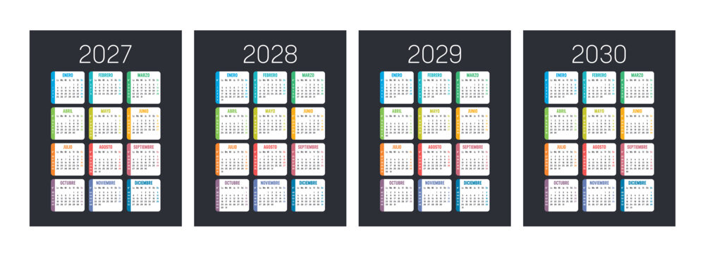 Calendar Set 2027, 2028, 2029, 2030, Spanish language, Colorful Vector with Week Numbers, Black Background, Wall Planner Layout