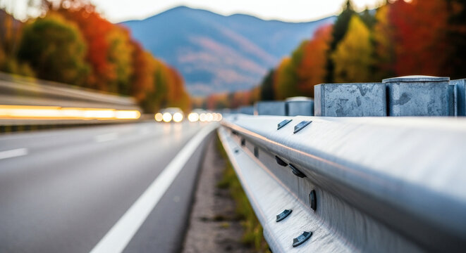 Highway guardrail alongside a scenic road with blurred car headlights and colorful autumn trees under a soft mountain background